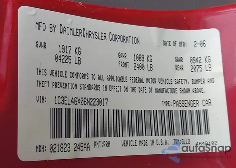 2006 Chrysler Sebring из США, поврежденный, VIN 1C3EL46X06N223017